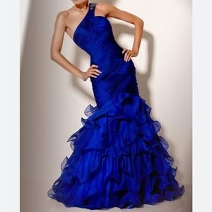 JOVANI 5888 Royal Blue Silk Mermaid One Shoulder Rhinestone Prom Dress